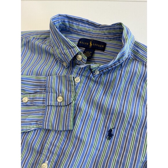Ralph Lauren Shirt Boys L 14-16 Long Sleeve Button Down Striped Blue green - Picture 1 of 8